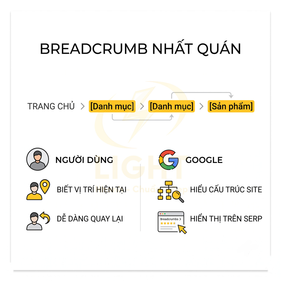Minh họa breadcrumb nhất quán trên website, lợi ích cho người dùng và Google trong điều hướng và hiển thị SERP