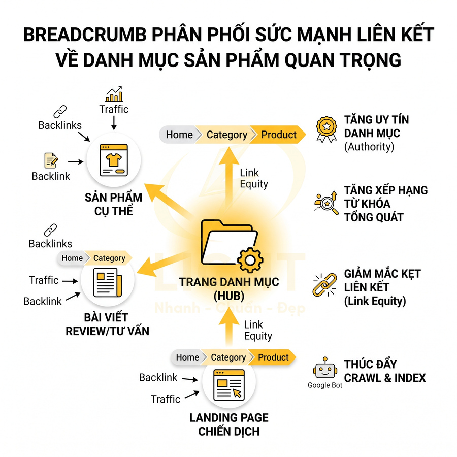 Sơ đồ breadcrumb phân phối sức mạnh liên kết về trang danh mục sản phẩm quan trọng trong SEO website