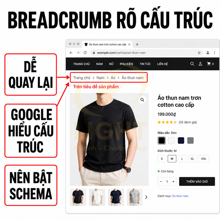 Giao diện trang sản phẩm áo thun nam trơn cotton cao cấp màu đen trên website thương mại điện tử