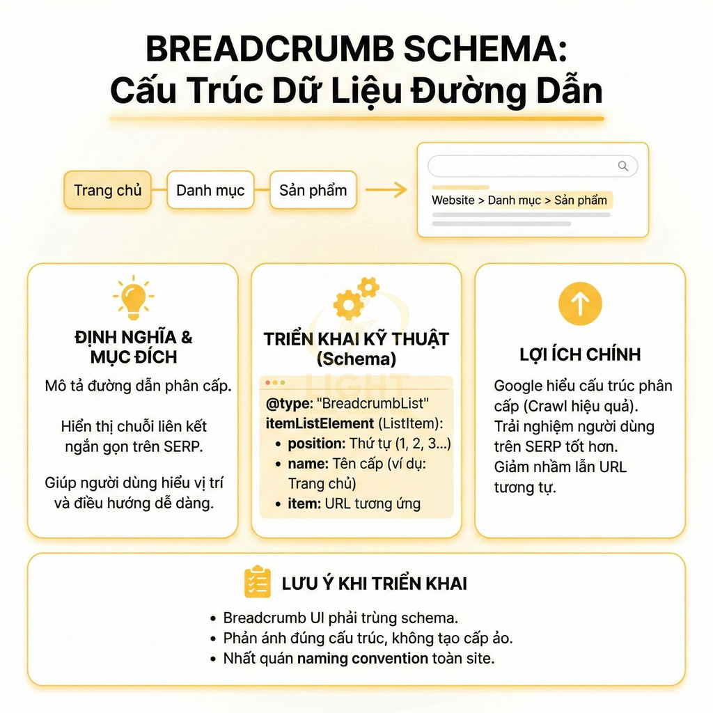 Hướng dẫn breadcrumb schema cho website, giải thích cấu trúc dữ liệu đường dẫn và lợi ích SEO