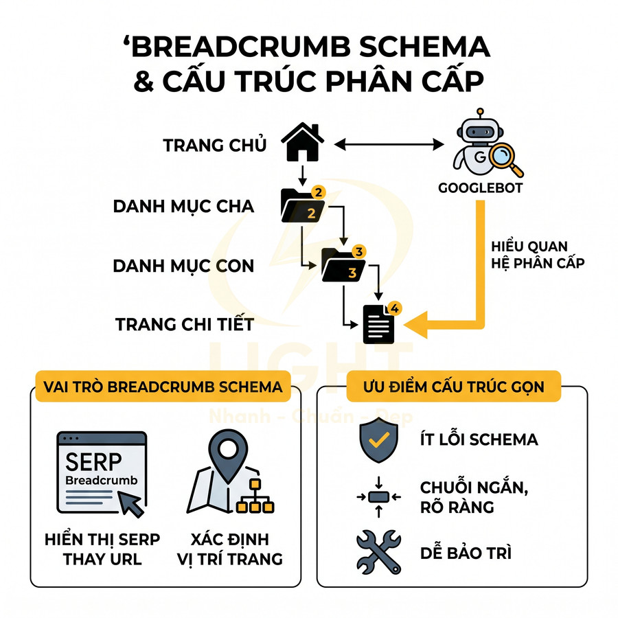 Minh họa breadcrumb schema và cấu trúc phân cấp trang web giúp Googlebot hiểu thứ bậc nội dung
