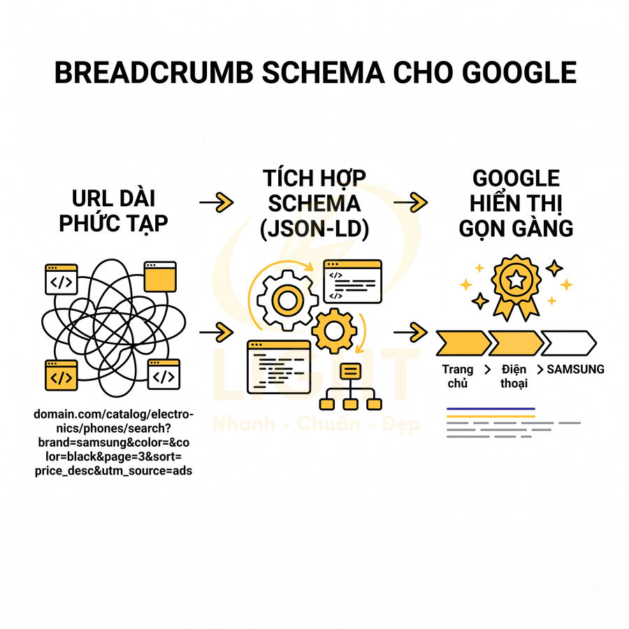 Minh họa breadcrumb schema cho Google giúp rút gọn URL phức tạp thành đường dẫn Trang chủ Điện thoại Samsung