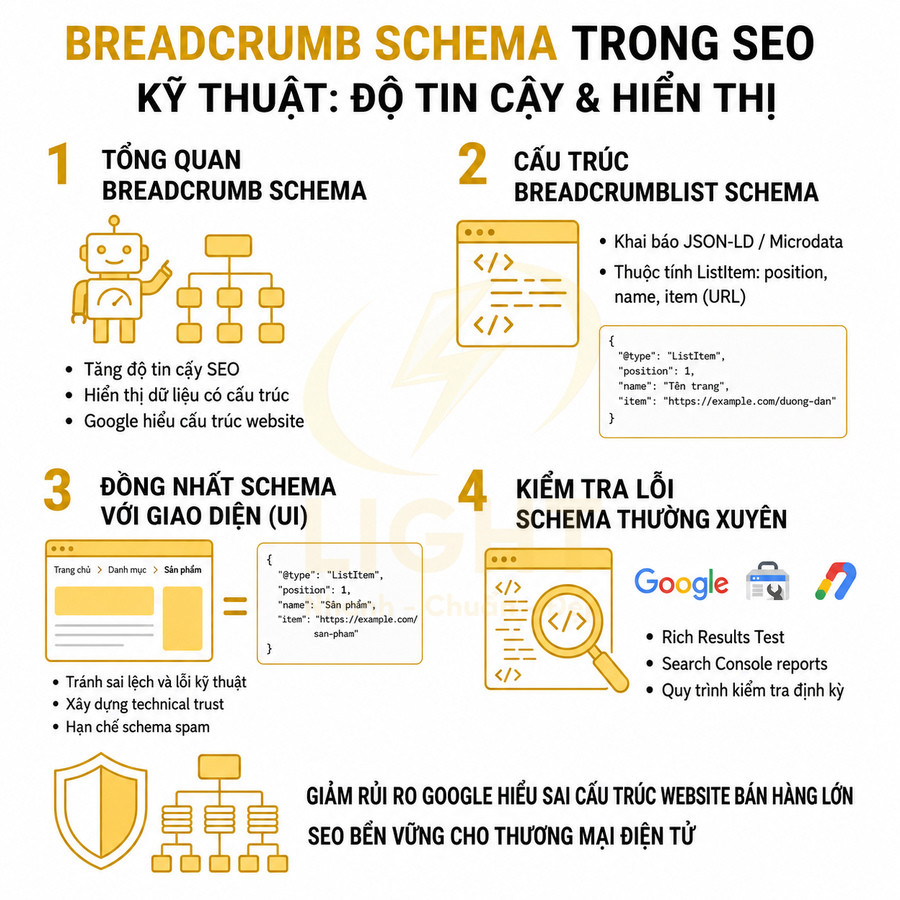 Infographic hướng dẫn triển khai breadcrumb schema trong SEO để tăng độ tin cậy và hiển thị website