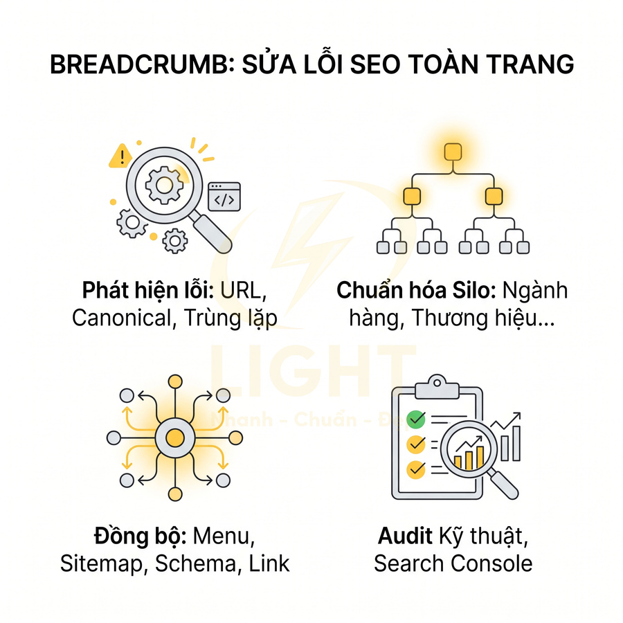 Infographic breadcrumb sửa lỗi SEO toàn trang với phát hiện lỗi, chuẩn hóa silo, đồng bộ cấu trúc và audit kỹ thuật