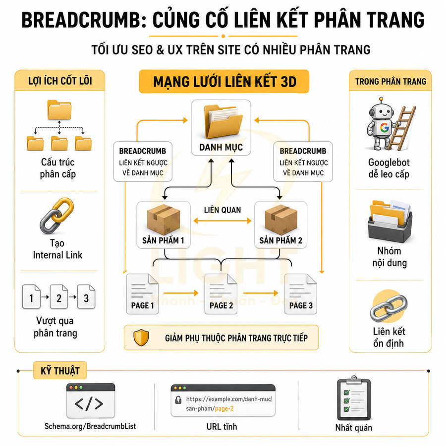 Infographic hướng dẫn tối ưu breadcrumb để củng cố liên kết phân trang và cải thiện SEO UX cho website nhiều trang