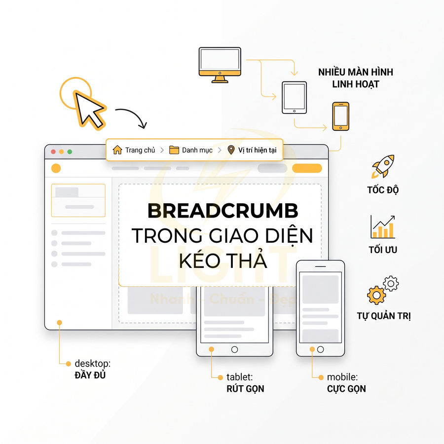Giao diện breadcrumb kéo thả hiển thị trên nhiều thiết bị desktop tablet mobile tối ưu tốc độ và dễ quản trị