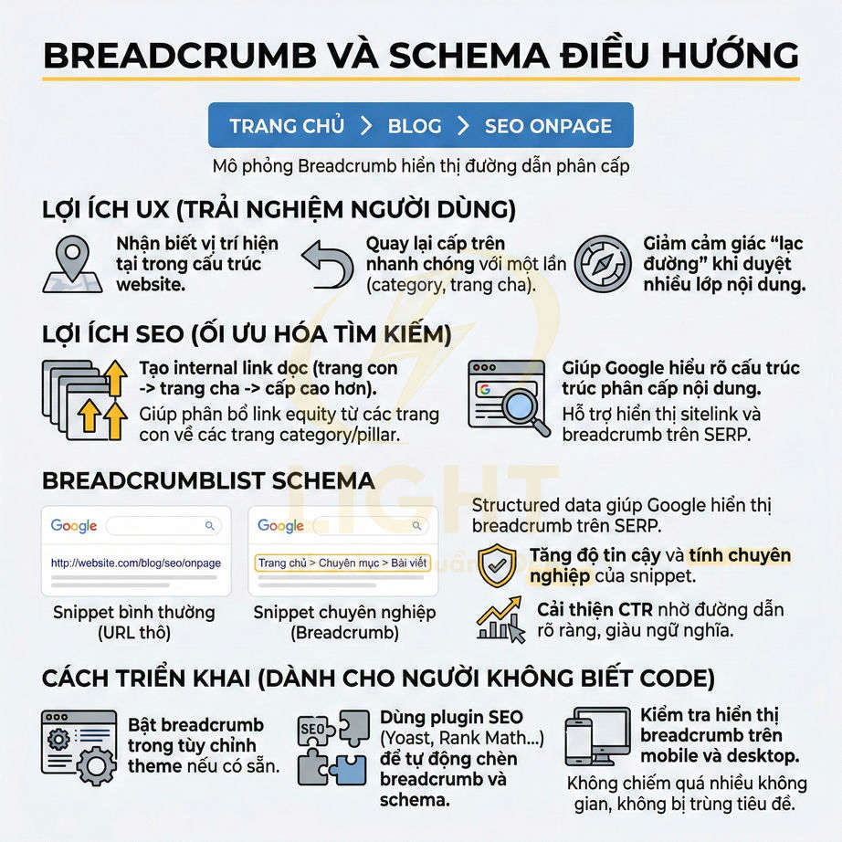 Infographic hướng dẫn breadcrumb và schema điều hướng, lợi ích UX SEO và cách triển khai trên website