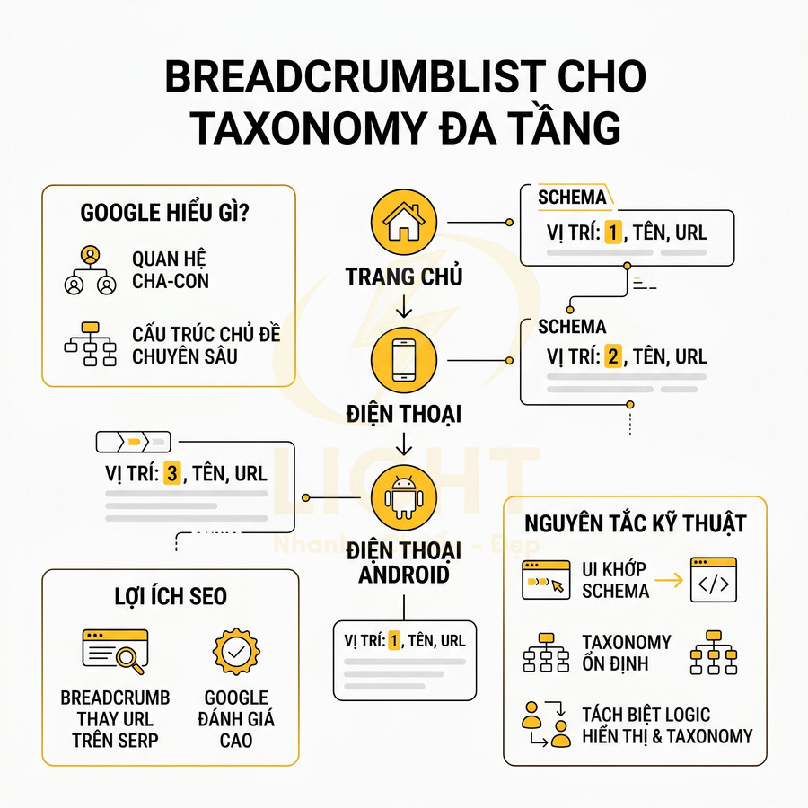 Infographic hướng dẫn cấu trúc breadcrumbList cho taxonomy đa tầng và lợi ích SEO cho website