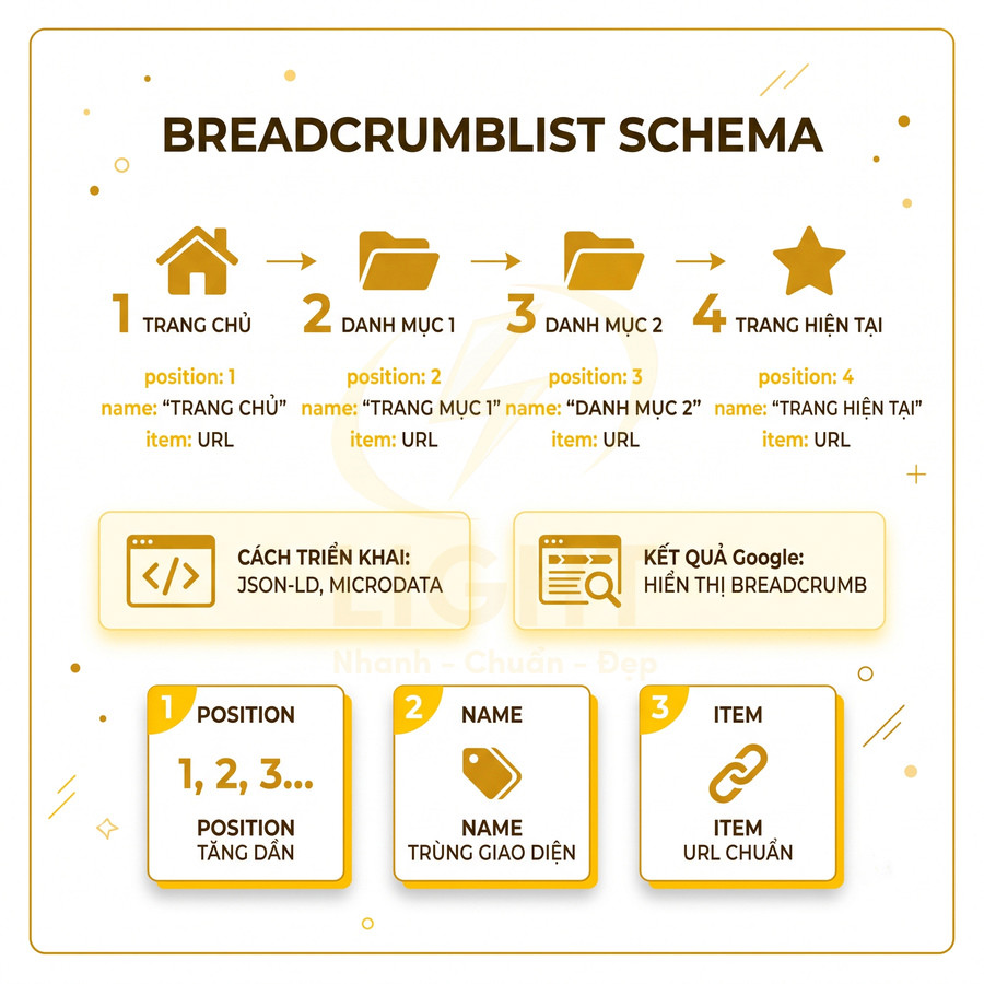 Hướng dẫn cấu trúc dữ liệu BreadcrumbList schema cho trang web với ví dụ vị trí, name và URL