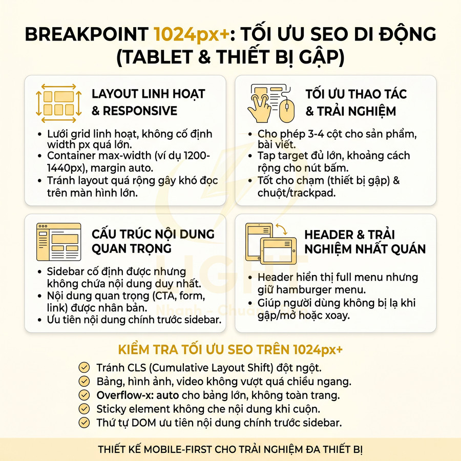 Hướng dẫn tối ưu SEO di động cho breakpoint 1024px với layout responsive, cấu trúc nội dung và header nhất quán