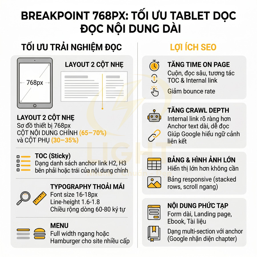 Infographic tối ưu giao diện tablet 768px với layout 2 cột nhẹ và lợi ích SEO cho nội dung dài