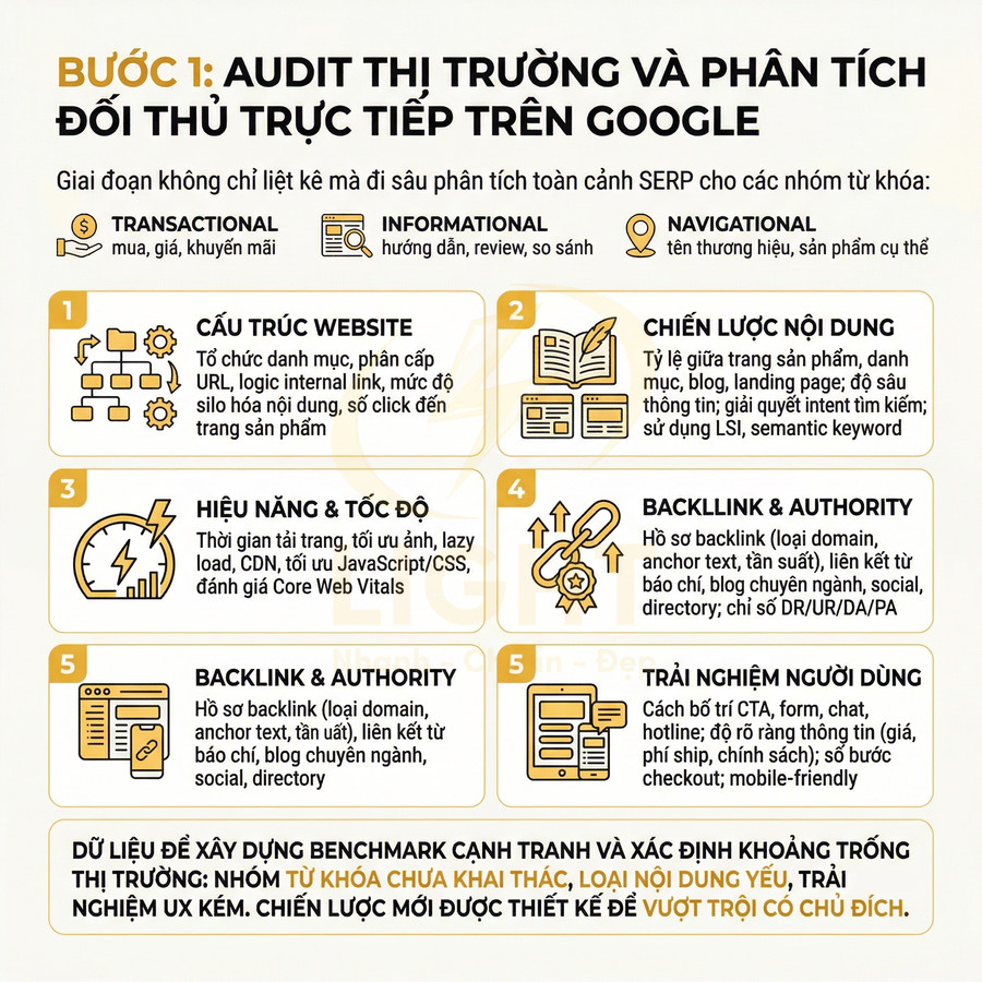 Checklist audit thị trường và phân tích đối thủ SEO trên Google với 5 bước tối ưu website, nội dung, backlink, trải nghiệm người dùng