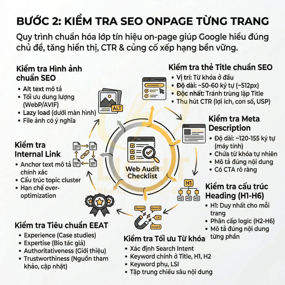 Checklist kiểm tra SEO onpage từng trang với các bước tối ưu hình ảnh, title, meta description, heading và từ khóa