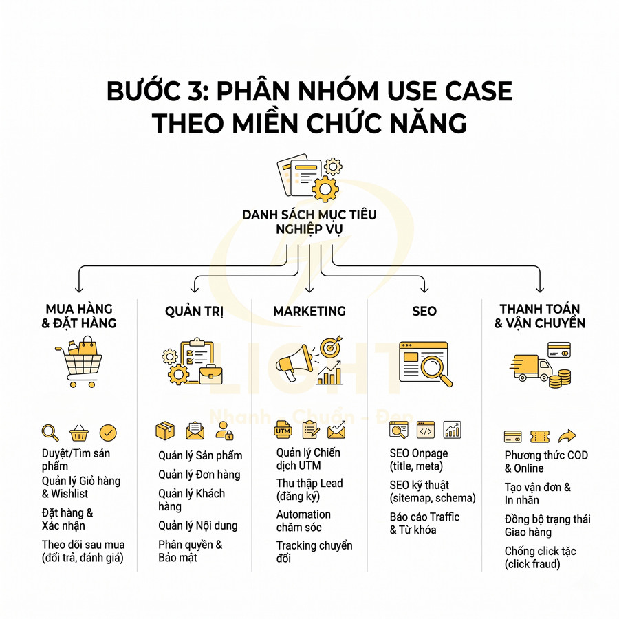 Sơ đồ bước 3 phân nhóm use case theo miền chức năng mua hàng quản trị marketing SEO thanh toán vận chuyển