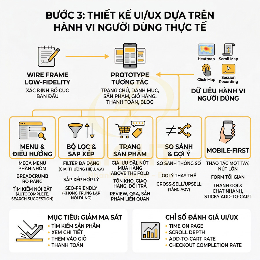 Quy trình thiết kế UI UX website thương mại điện tử dựa trên hành vi người dùng với các bước và mục tiêu rõ ràng