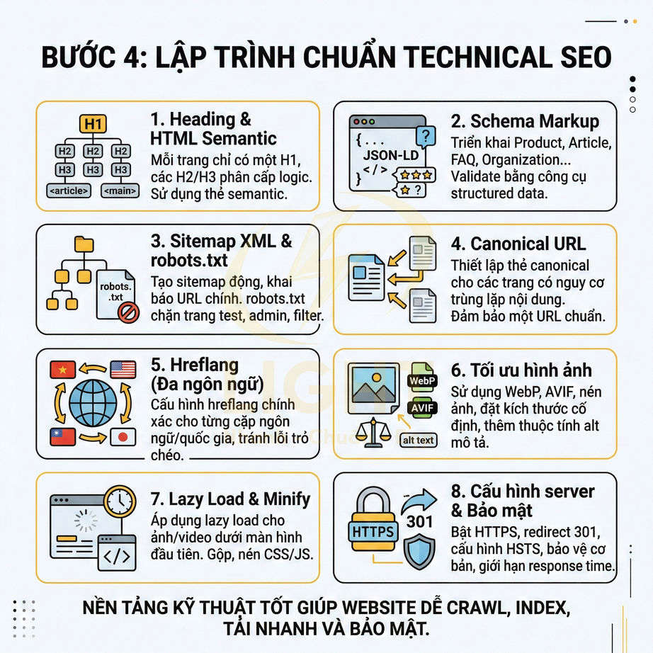 Checklist các bước lập trình chuẩn technical SEO giúp tối ưu crawl index tốc độ tải và bảo mật website