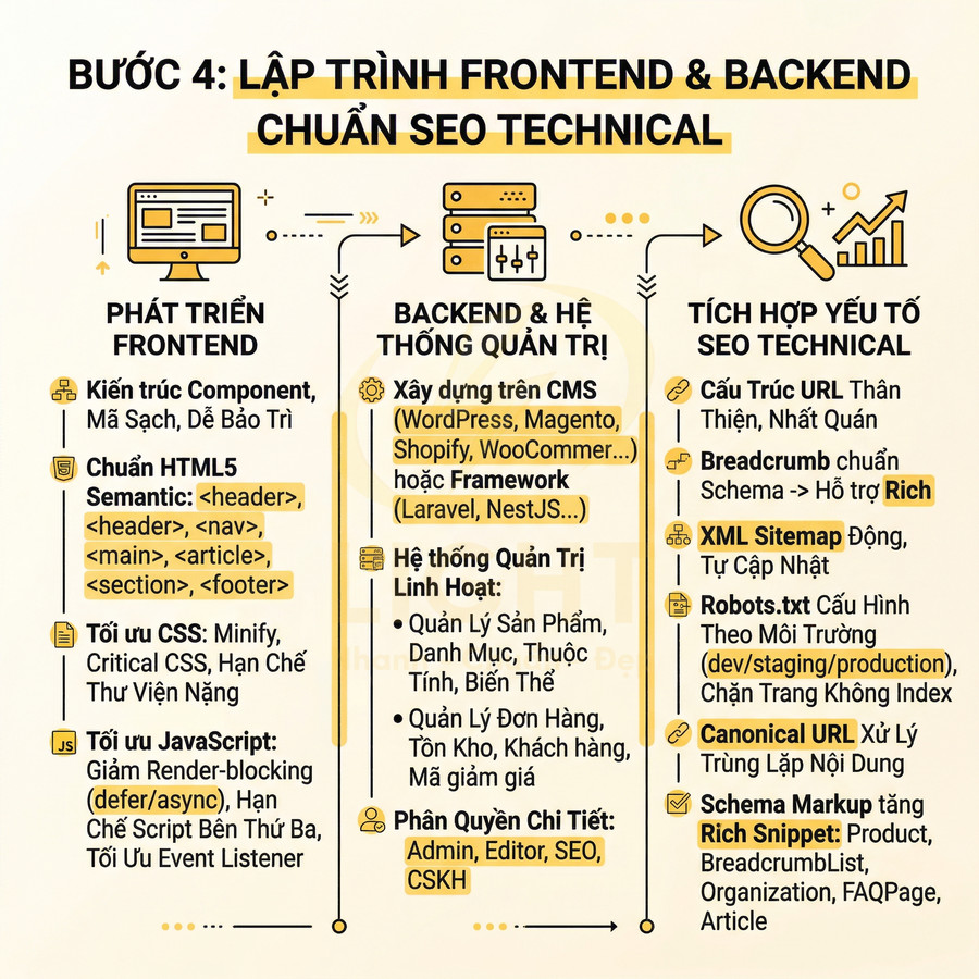 Hướng dẫn lập trình frontend backend chuẩn SEO technical với các bước tối ưu HTML5 CSS JavaScript và hệ thống quản trị