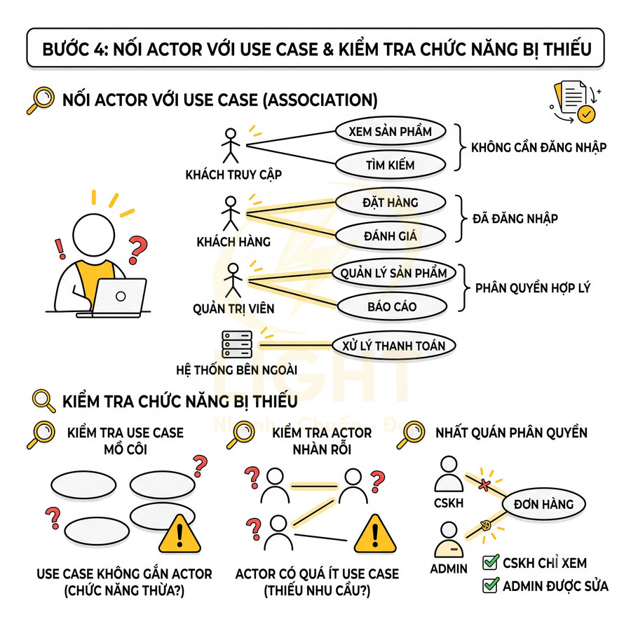 Sơ đồ bước 4 nối actor với use case và kiểm tra chức năng thiếu trong phân tích hệ thống