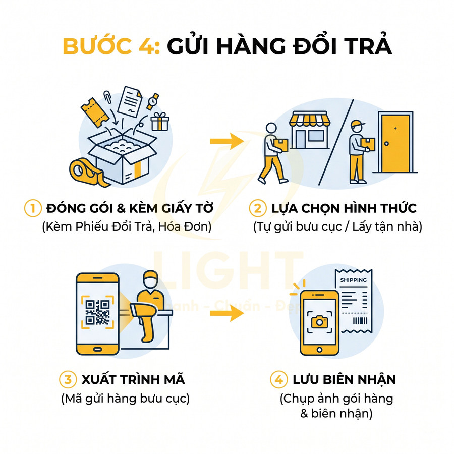 Hướng dẫn 4 bước gửi hàng đổi trả gồm đóng gói, chọn hình thức gửi, xuất trình mã và lưu biên nhận