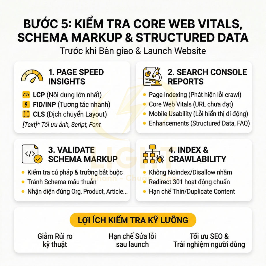 Checklist kiểm tra Core Web Vitals, schema markup và structured data trước khi bàn giao và launch website
