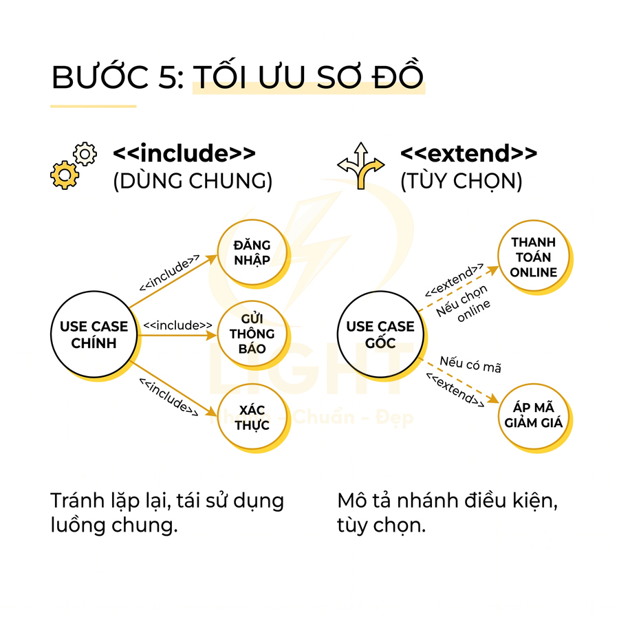 Sơ đồ minh họa bước 5 tối ưu use case với quan hệ include và extend trong phân tích hệ thống