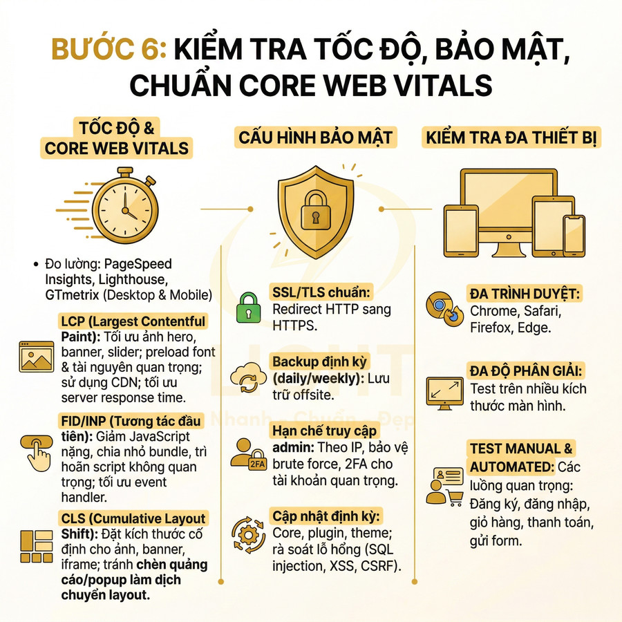Checklist kiểm tra tốc độ, bảo mật website và chuẩn Core Web Vitals với hướng dẫn tối ưu chi tiết