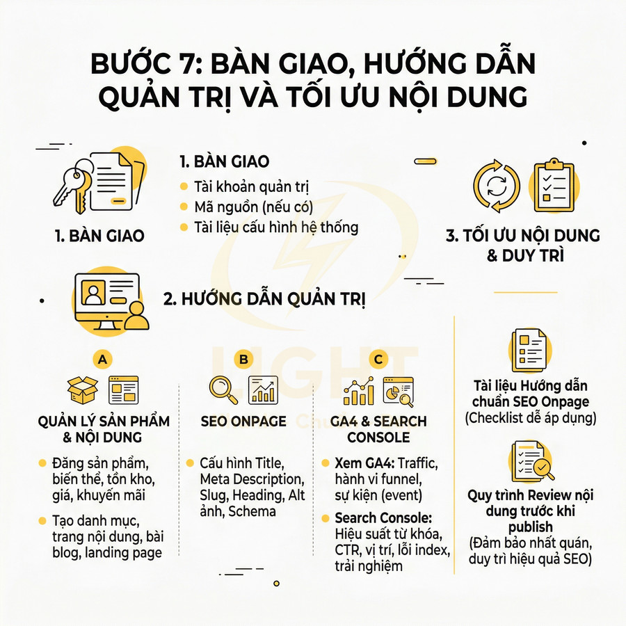 Quy trình bàn giao hướng dẫn quản trị website và tối ưu nội dung SEO onpage, GA4, Search Console