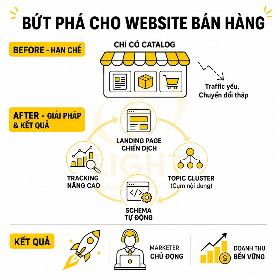 Mô hình giải pháp marketing giúp website bán hàng bứt phá với landing page, tracking, topic cluster và schema tự động