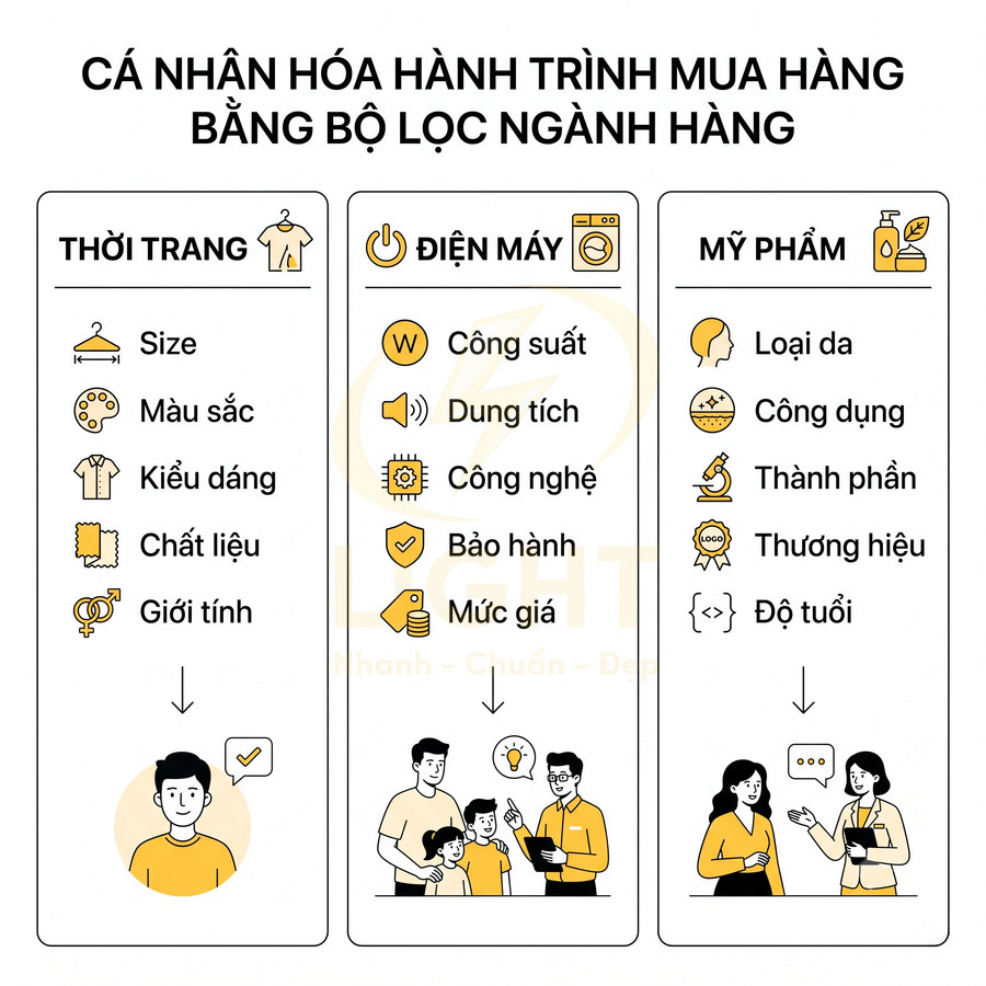 Minh họa bộ lọc ngành hàng thời trang điện máy mỹ phẩm giúp cá nhân hóa hành trình mua sắm online