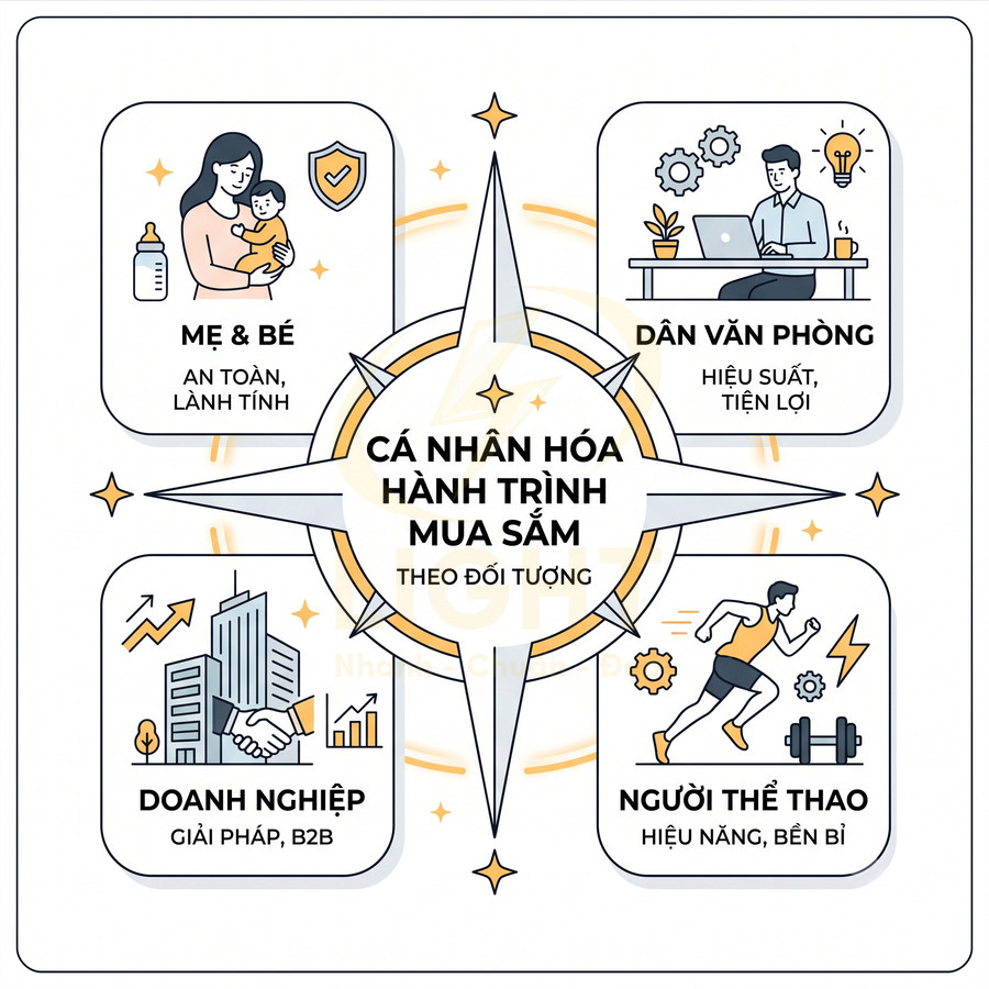 Minh họa cá nhân hóa hành trình mua sắm cho mẹ và bé, dân văn phòng, doanh nghiệp và người chơi thể thao
