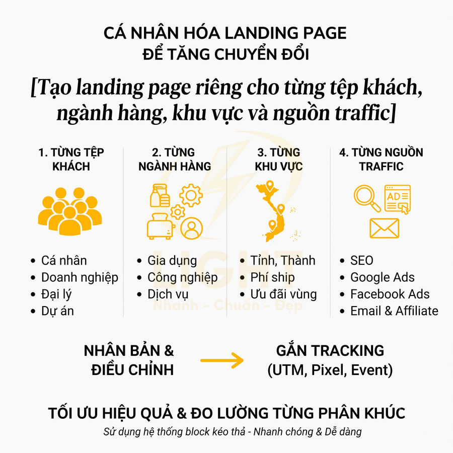 Infographic cá nhân hóa landing page theo tệp khách, ngành hàng, khu vực và nguồn traffic để tăng chuyển đổi