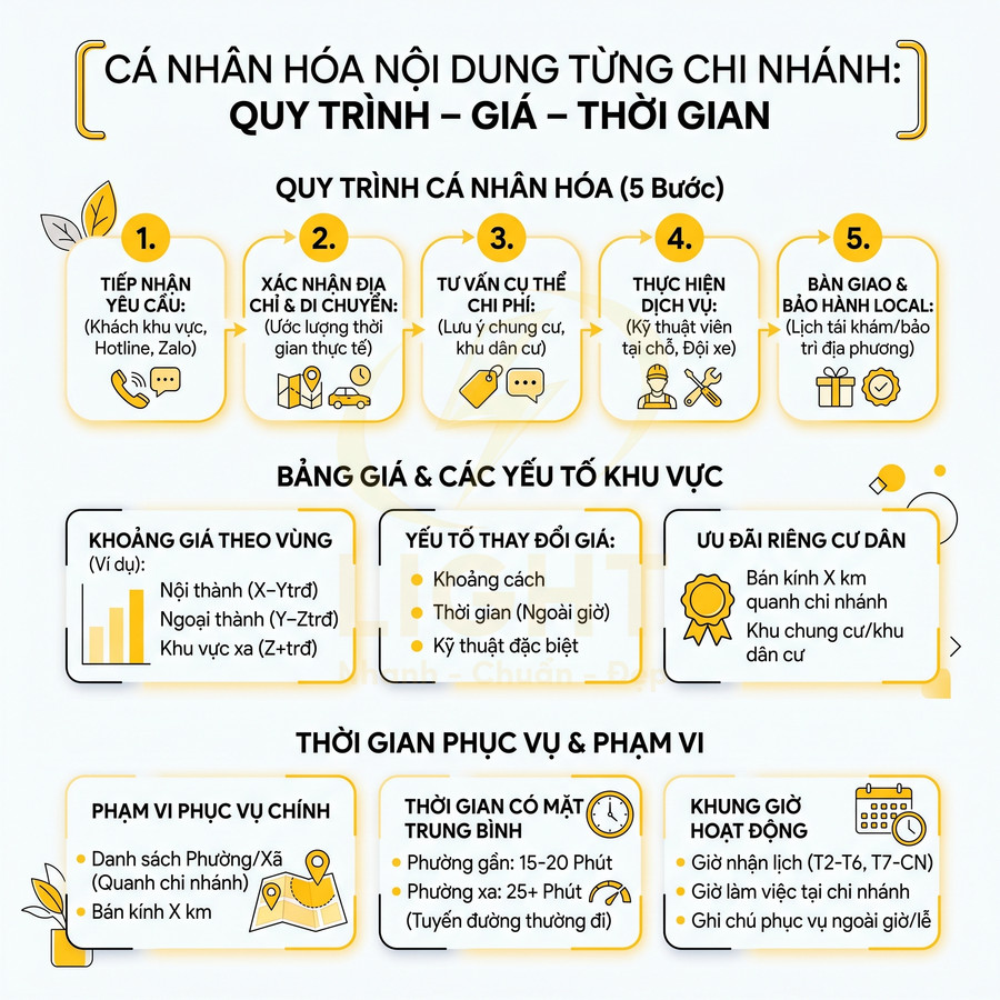 Infographic quy trình cá nhân hóa nội dung chi nhánh, bảng giá, thời gian phục vụ và phạm vi khu vực
