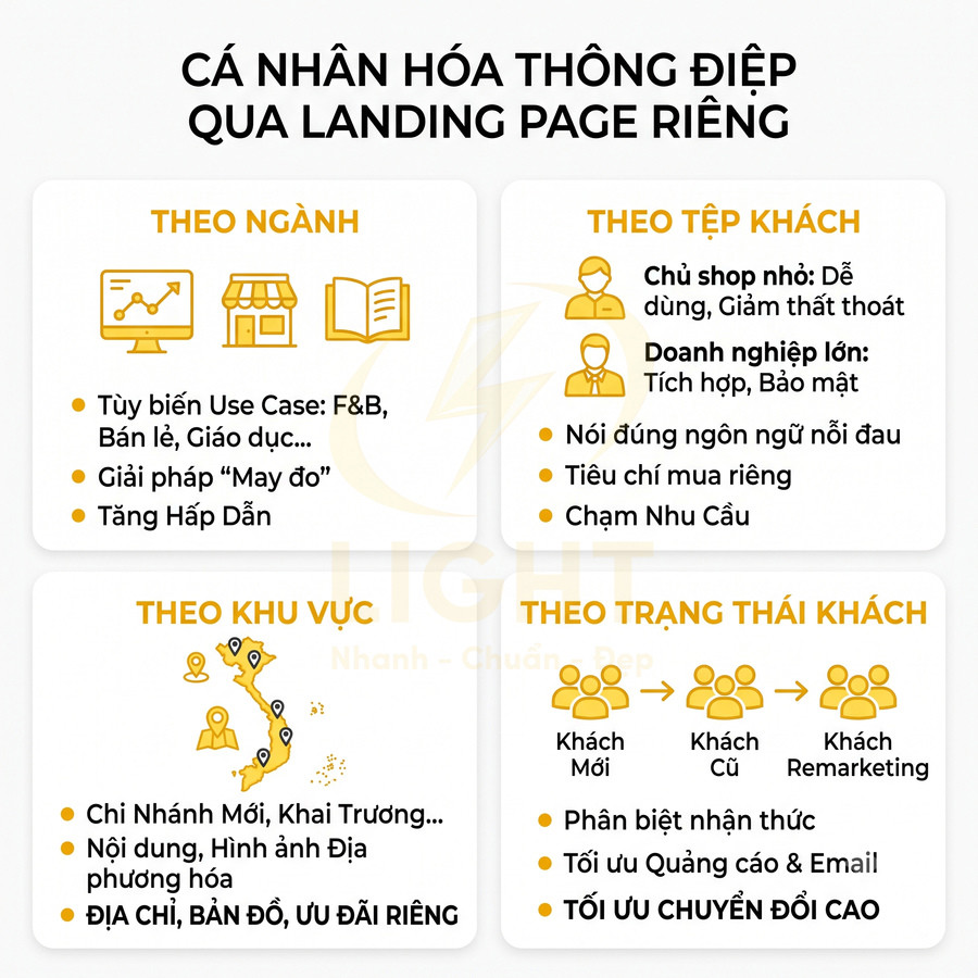 Infographic cá nhân hóa thông điệp marketing qua landing page theo ngành, tệp khách, khu vực và trạng thái khách hàng