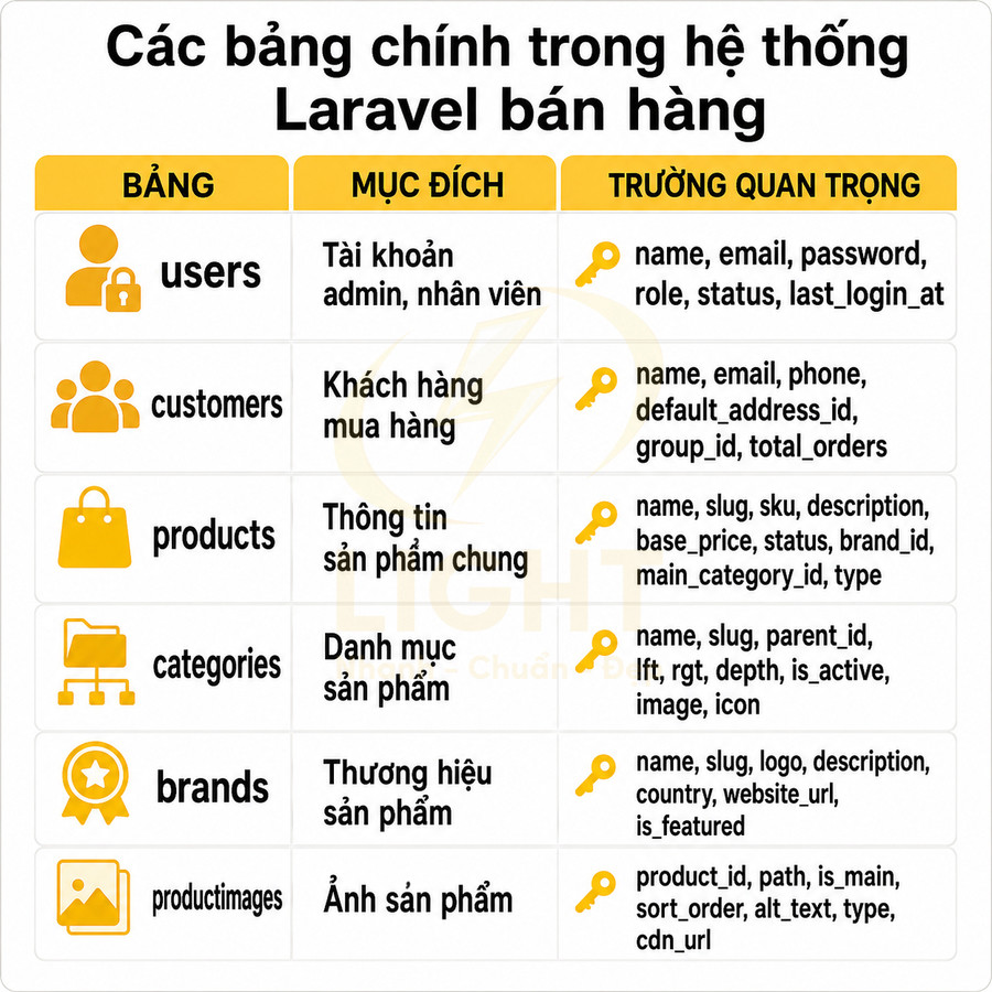 Bảng tóm tắt các bảng dữ liệu chính trong hệ thống Laravel bán hàng và trường quan trọng cho sản phẩm