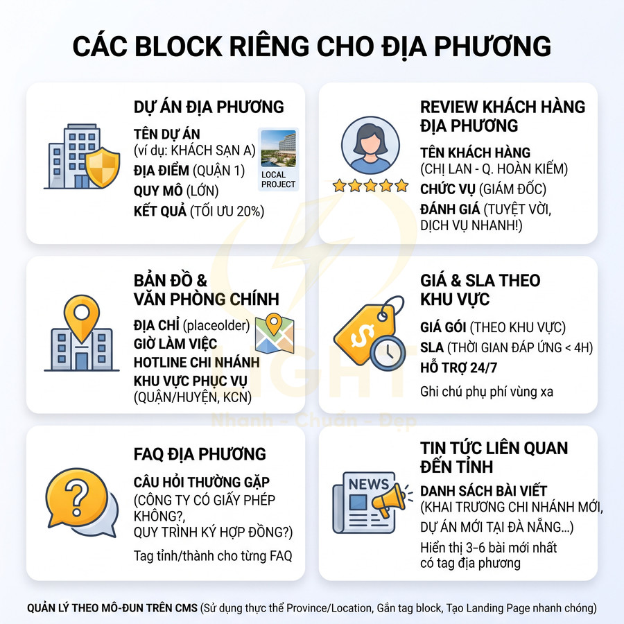 Mẫu giao diện các block nội dung địa phương cho website, gồm dự án, review, bản đồ, giá, FAQ và tin tức