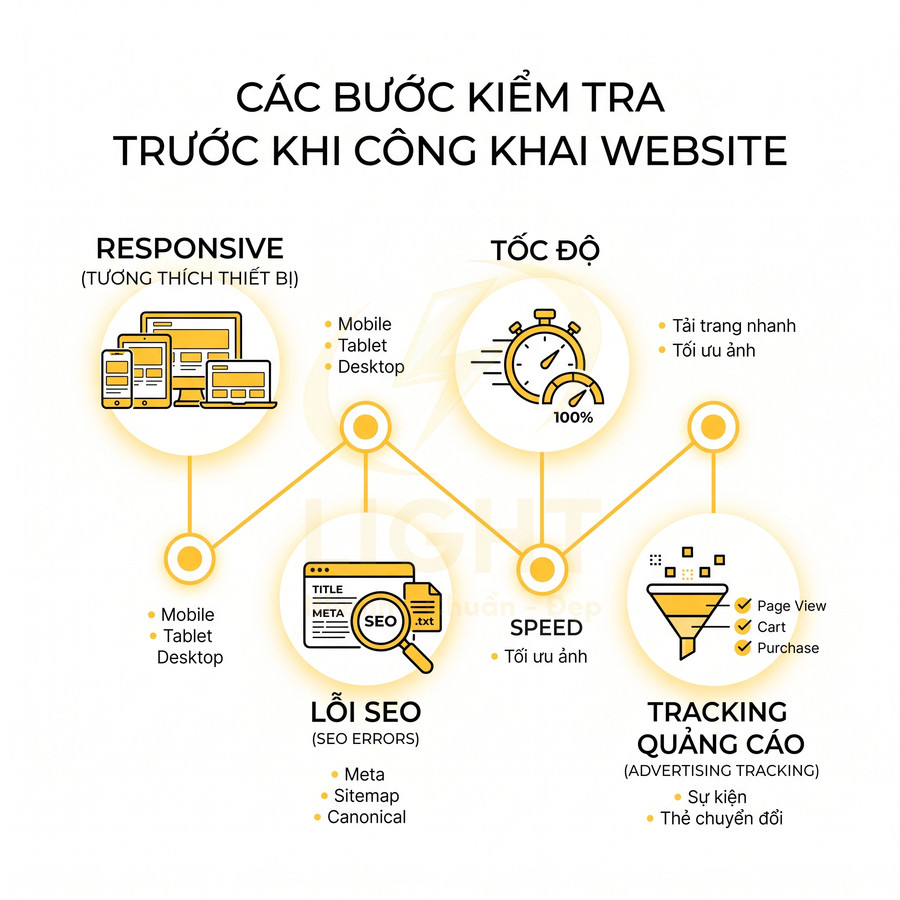Các bước kiểm tra responsive tốc độ lỗi SEO và tracking quảng cáo trước khi công khai website