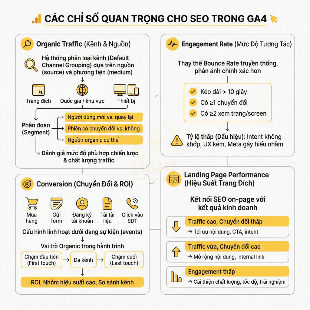 Các chỉ số quan trọng trong GA4 cho SEO gồm organic traffic, conversion, engagement rate và hiệu suất trang đích