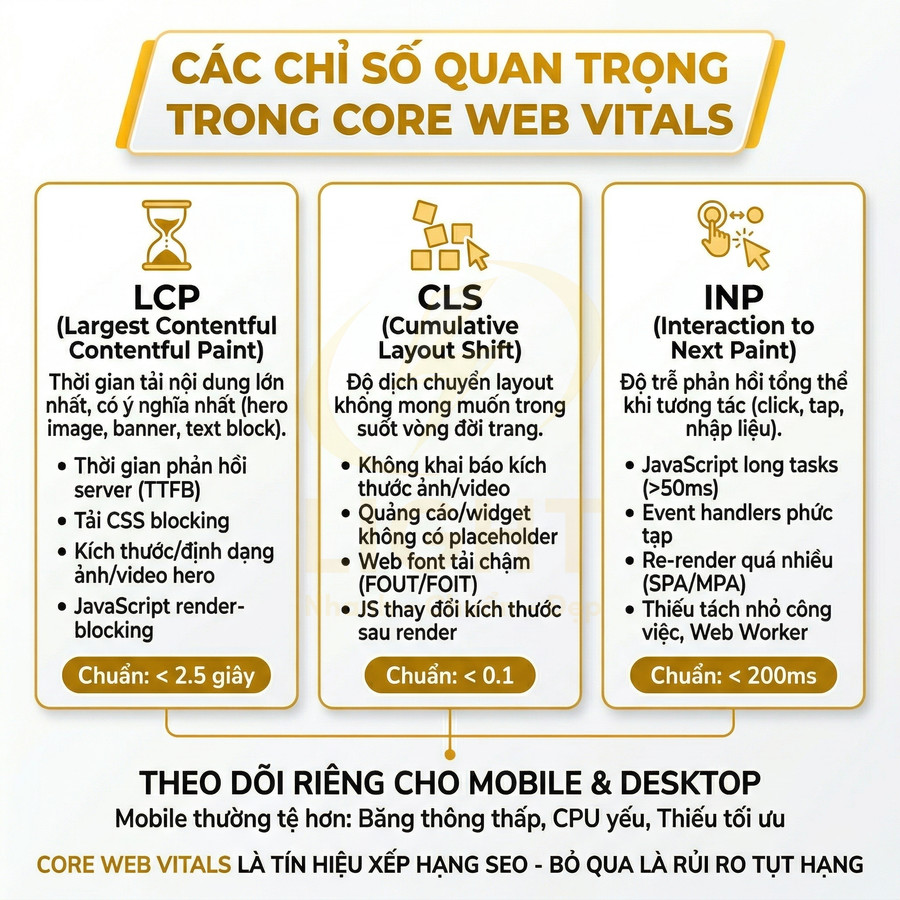 Các chỉ số quan trọng trong Core Web Vitals LCP CLS INP và tiêu chuẩn tối ưu tốc độ website