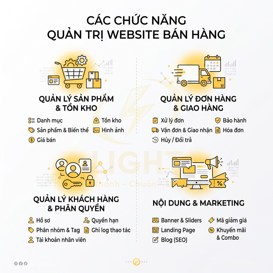 Các chức năng quản trị website bán hàng gồm quản lý sản phẩm, đơn hàng, khách hàng, nội dung và marketing