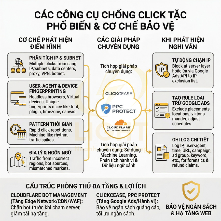 Infographic giới thiệu các công cụ chống click tặc, cơ chế phát hiện và bảo vệ ngân sách quảng cáo Google Ads