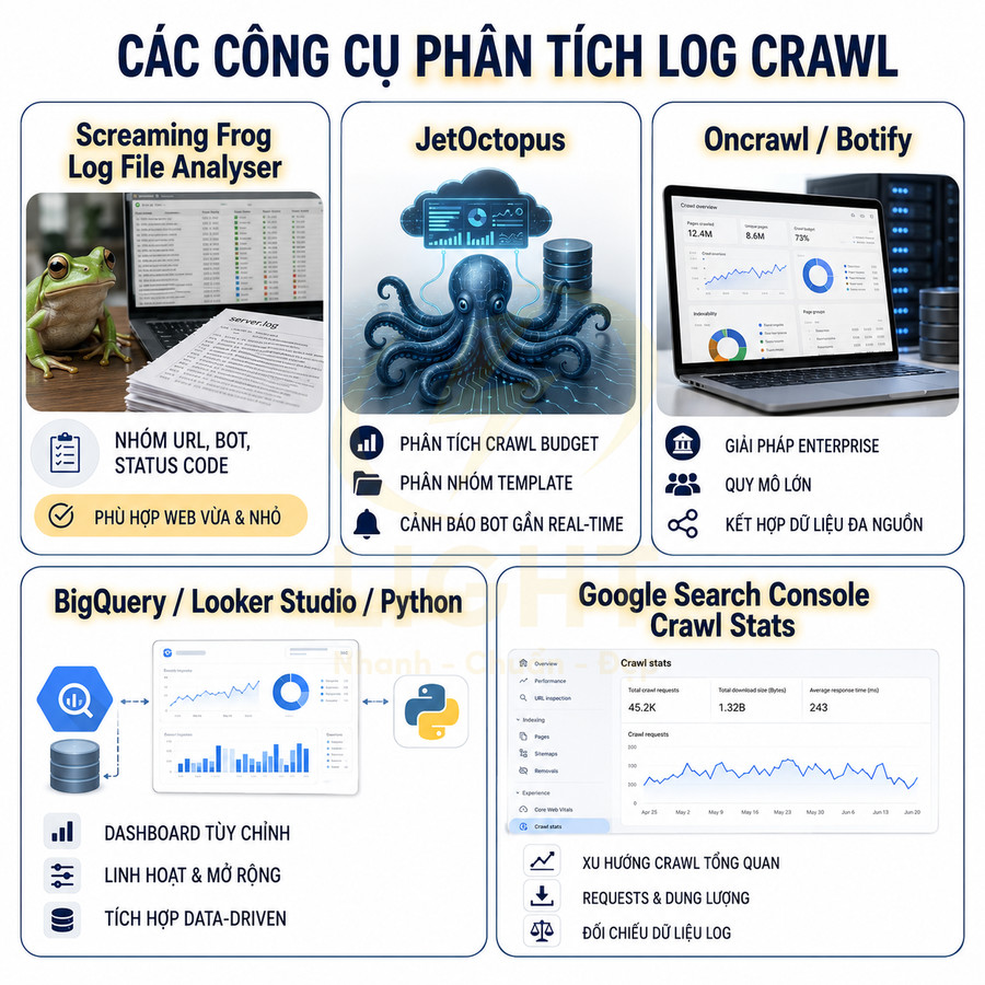 Các công cụ phân tích log crawl cho SEO gồm Screaming Frog, JetOctopus, Oncrawl, BigQuery và Google Search Console