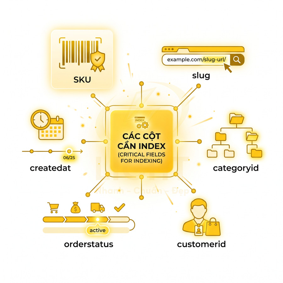 Minh họa các cột dữ liệu quan trọng cần index trong hệ thống bán hàng online như SKU, slug, createdat, categoryid