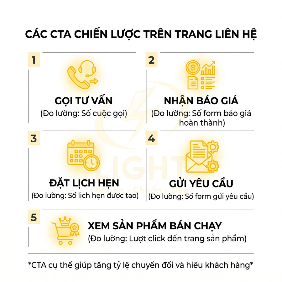 Các CTA chiến lược trên trang liên hệ gồm gọi tư vấn, nhận báo giá, đặt lịch hẹn, gửi yêu cầu, xem sản phẩm bán chạy