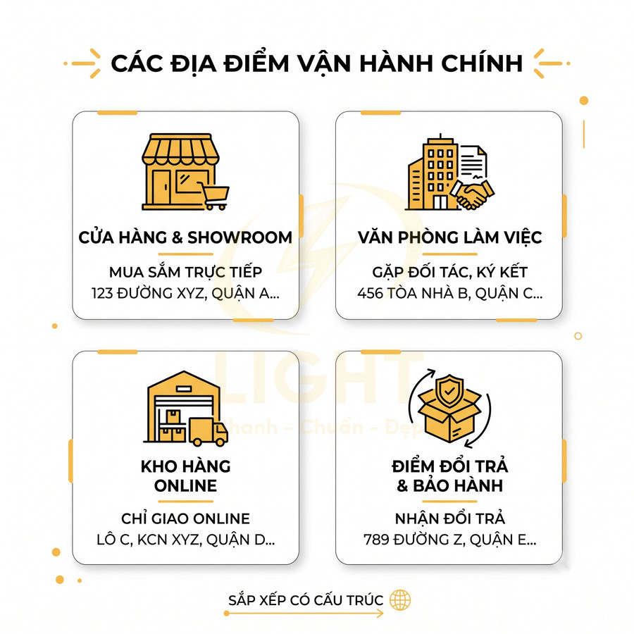 Các địa điểm vận hành gồm cửa hàng showroom, văn phòng, kho hàng online và điểm đổi trả bảo hành