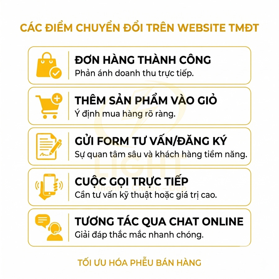 Các điểm chuyển đổi trên website TMĐT gồm đơn hàng, thêm giỏ, form tư vấn, cuộc gọi và chat online