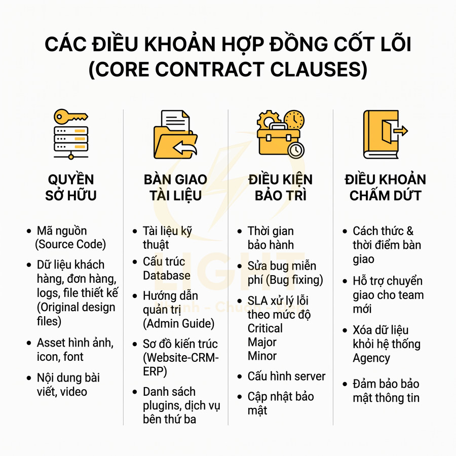Các điều khoản hợp đồng cốt lõi trong dự án phần mềm: quyền sở hữu, bàn giao tài liệu, bảo trì và điều khoản chấm dứt