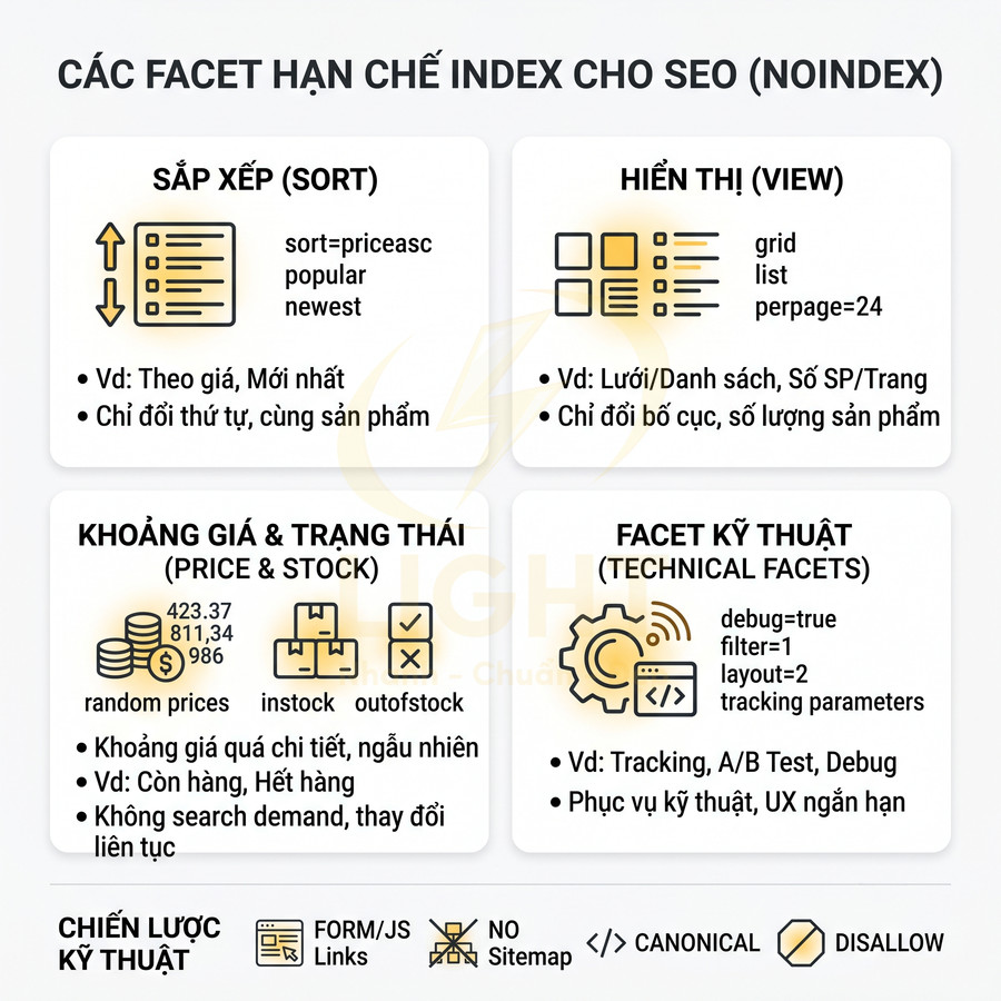 Các loại facet cần noindex trong SEO gồm sắp xếp, hiển thị, khoảng giá, trạng thái và facet kỹ thuật