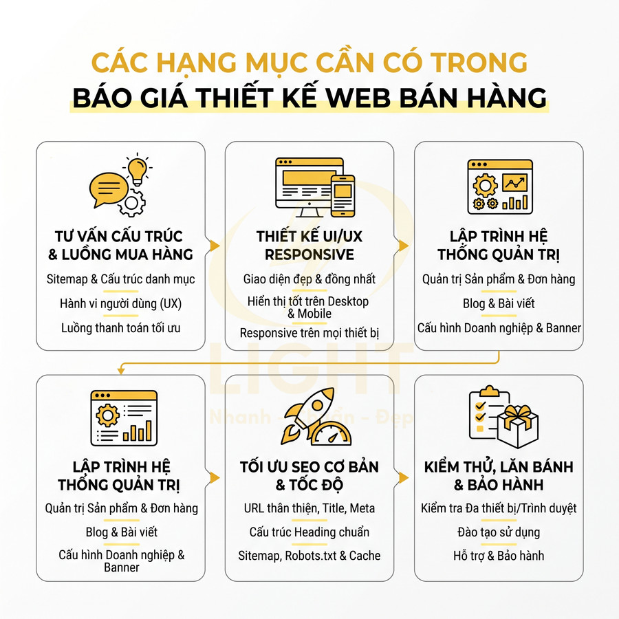 Các hạng mục dịch vụ trong báo giá thiết kế web bán hàng gồm tư vấn, UIUX, lập trình, SEO và bảo hành