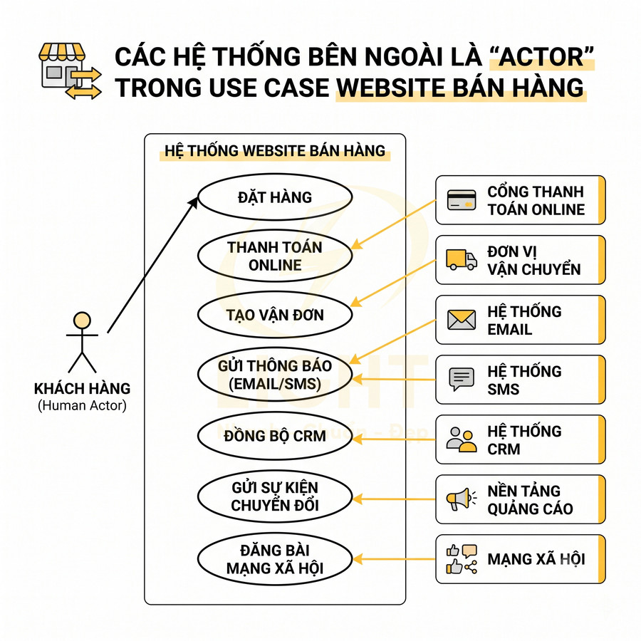 Sơ đồ các hệ thống tích hợp với website bán hàng: thanh toán online, vận chuyển, email, SMS, CRM, quảng cáo, mạng xã hội