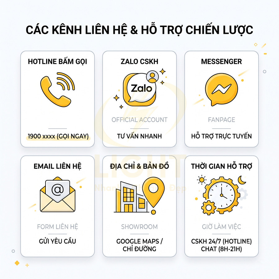 Các kênh liên hệ hỗ trợ khách hàng qua hotline, Zalo, Messenger, email, địa chỉ showroom và thời gian CSKH